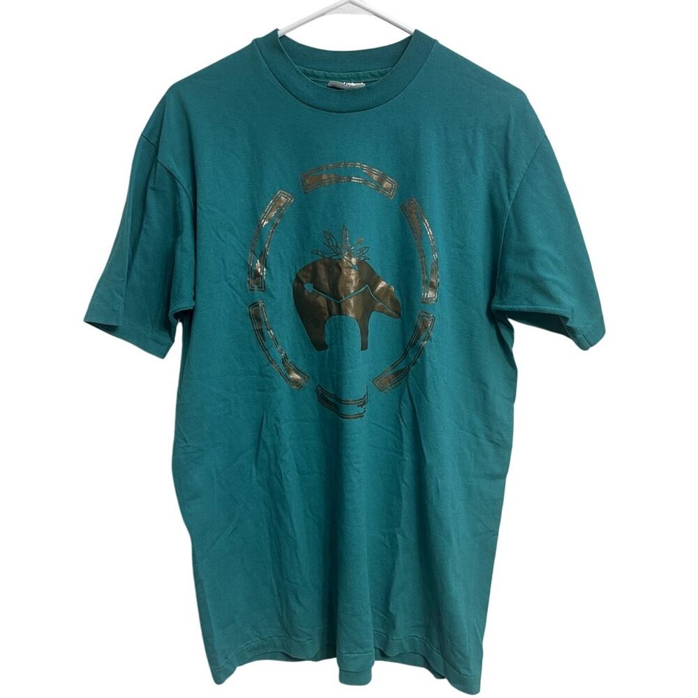 Vintage 90's Teal Native American Bear Single Stitch Tee Shirt Size L Gold Foil